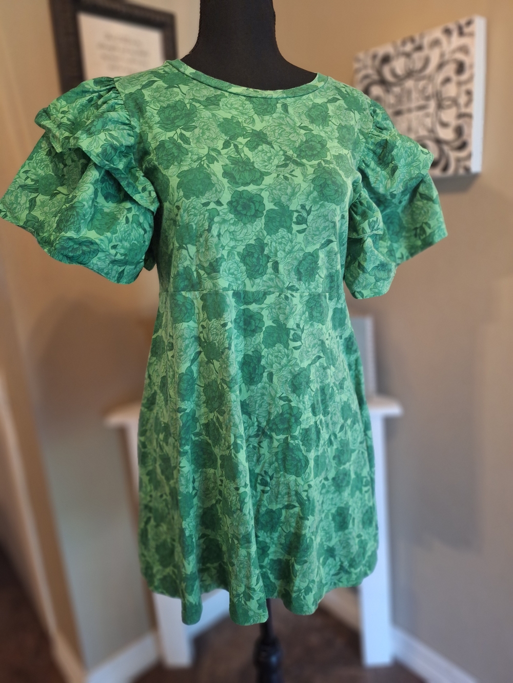 Zara Green Floral Puff Ruffle Sleeve Mini Dress M